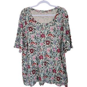 J Jill Womens Floral Pima Scoop Neck Elbow Sleeve Tee